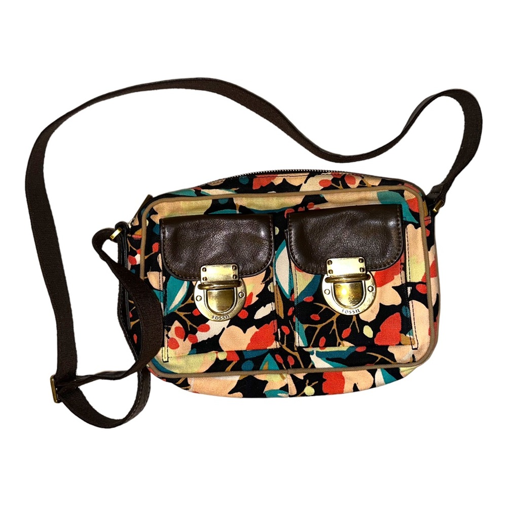 Fossil Multi-color Florals Canvas W. Leather Trims Crossbody Camera